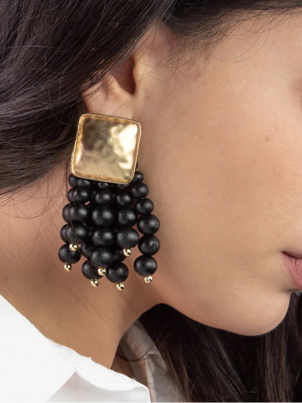 Gold & Black Beaded Tassel Drop Earrings - Women Jewelry